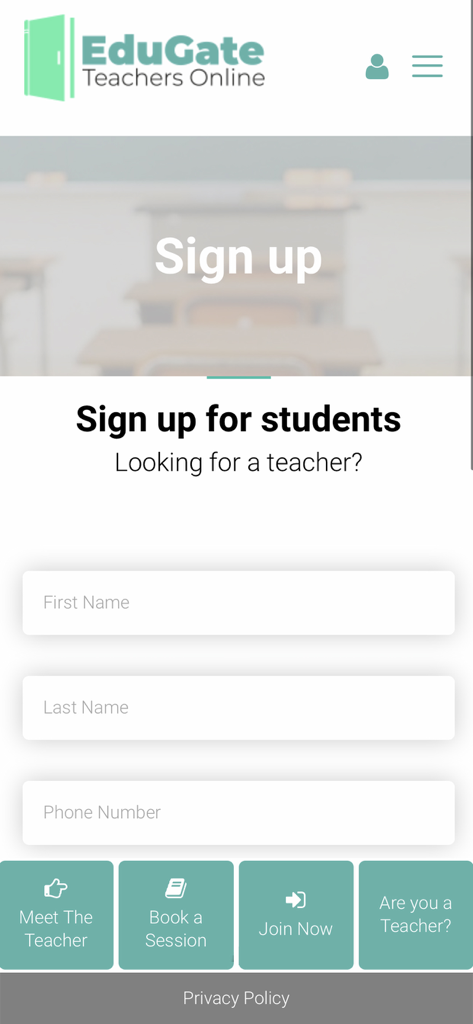 Edugate - Edugate mobile app student registration screen with input fields for name and phone number