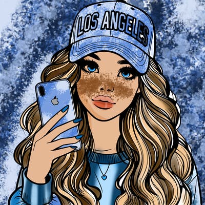 realistic beautiful girl wearing los ángeles cap holding an iphone