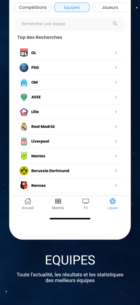 Made in FOOT - Interface de l'application mobile de Made in FOOT montrant une barre de recherche pour les équipes et une liste des clubs de football les plus recherchés, y compris le PSG et le Real Madrid.