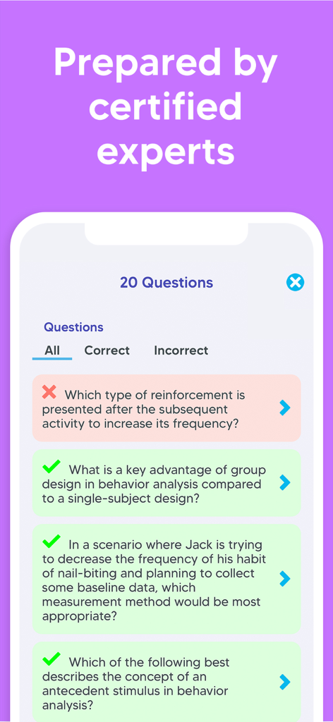 ABA Exam Prep & BCBA Test 2025 - Preguntas de práctica para el examen BCBA e interfaz de resultados en la aplicación ABA Exam Prep