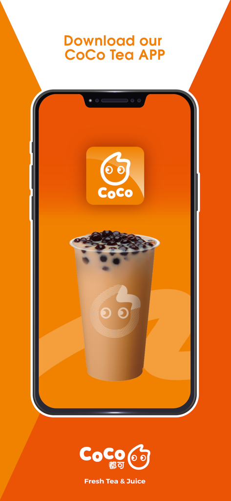 CoCo Bubble Tea Ontario - Pantalla promocional de la aplicación móvil CoCo Bubble Tea Ontario que muestra una bebida de té con leche de perlas