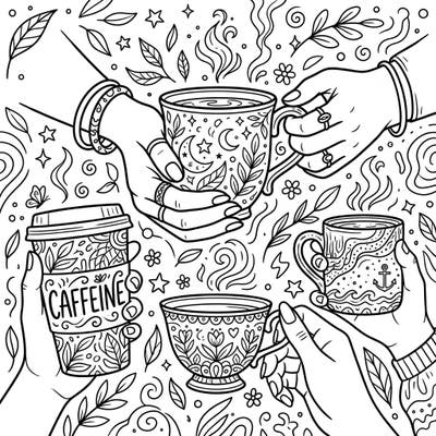 Dive into a world of cozy charm with this intricate coloring page, perfect for teens who love coffee, tea, and detailed designs. Featuring various hands cradling stylish cups amidst swirling patterns, it offers hours of creative relaxation.