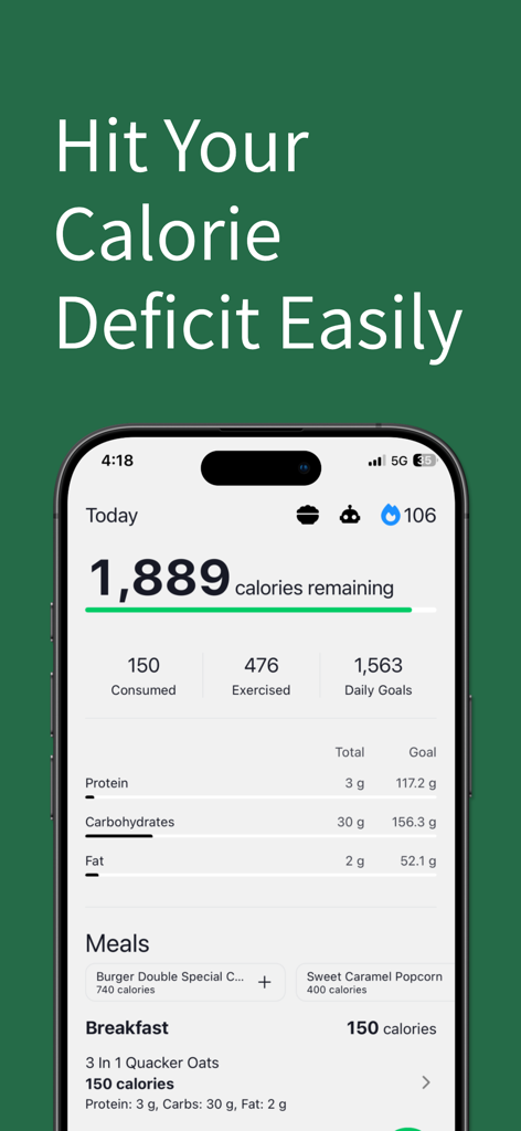 Dashboard view of the Tied app showing calorie deficit progress and daily macro goals