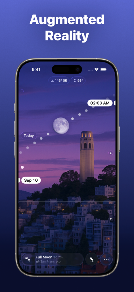 Moonlitt app augmented reality feature showing the moon path and position over a city