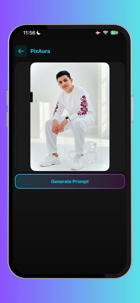 A mobile screen from the PixAura app showing a male portrait and a button to generate an AI prompt.