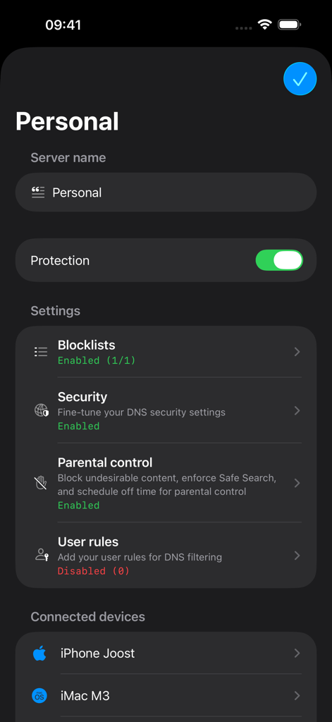 Remote for AdGuard DNS - Server settings screen for Remote for AdGuard DNS showing protection status and connected devices