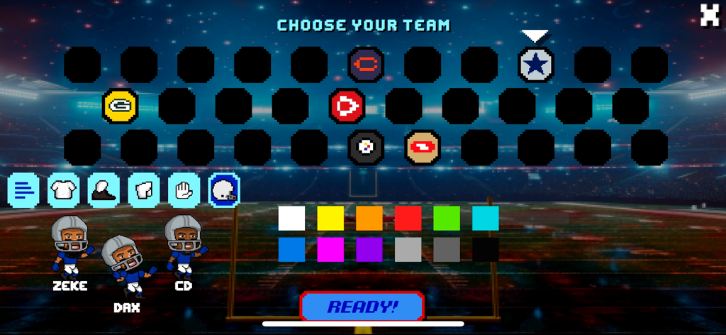 Football Bros team selection and character customization screen featuring retro pixel art players and team icons