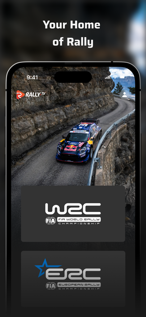 Rally TV app home screen showcasing WRC and ERC championships.