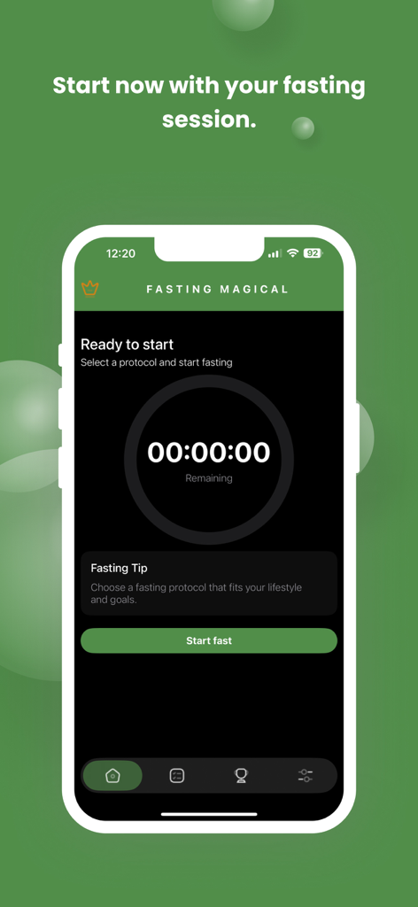 Fasting Magical: Fast Tracker - The start screen of the Fasting Magical app showing a timer at zero and a green button to start a fasting session.