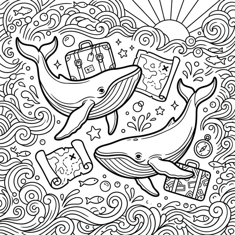 Embark on an enchanting undersea journey with this unique coloring page featuring two majestic baleen whales enjoying a tropical vacation. Complete with travel gear and intricate ocean patterns, it's a delightful scene waiting for your creative touch.