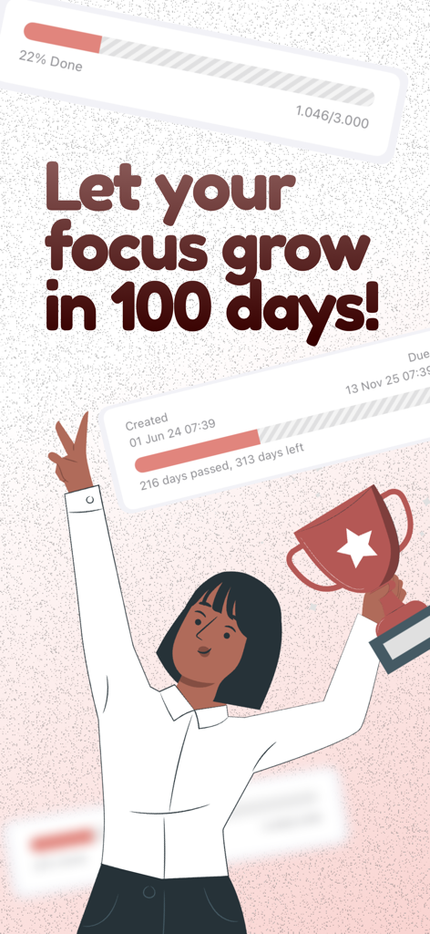 Goal Tracker・Focus Planner・Aim - Una mujer celebrando el progreso de una meta con un trofeo y el texto 'Desafío de enfoque de 100 días'.