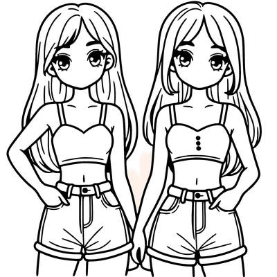 two sisters with crop tops and jean shorts and straight hair