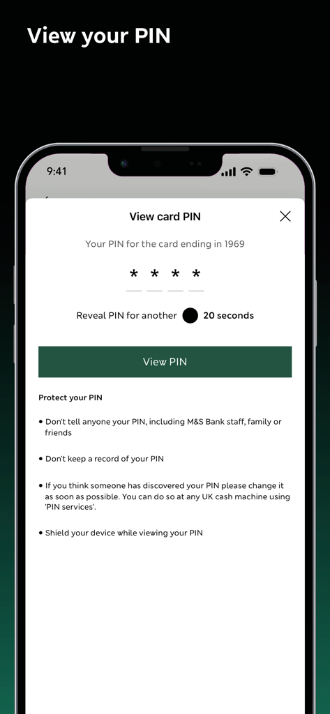 MS Banking mobile app screen for viewing credit card PIN securely