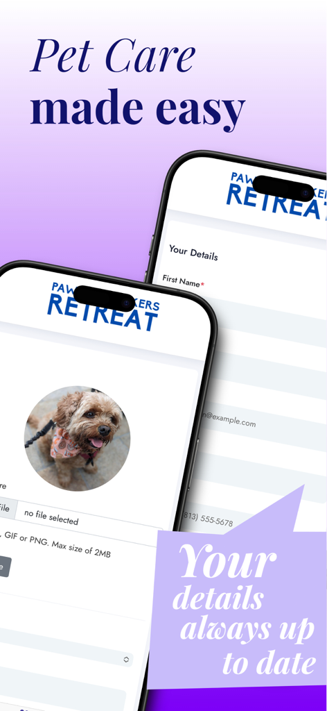 KennelBooker Pet Parent mobile app screens showing pet profile management and user account details