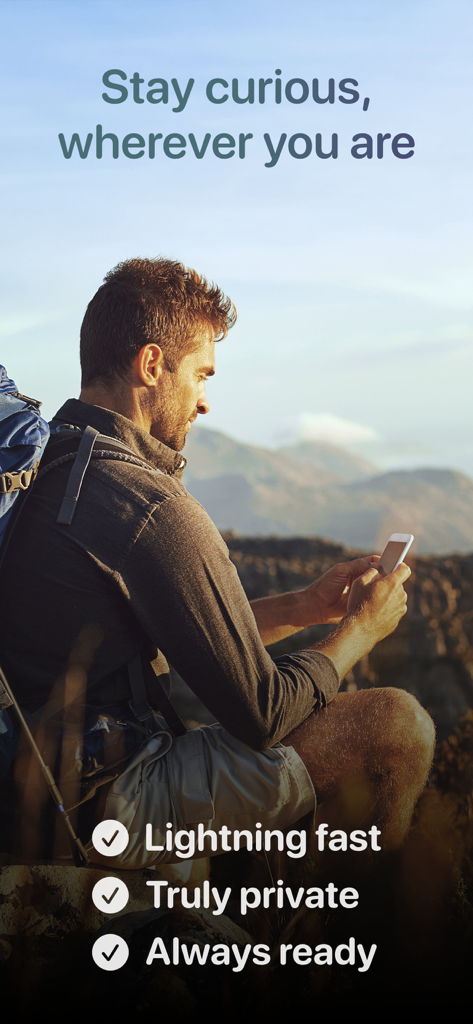 Omnipedia—Offline Encyclopedia - A hiker sitting on a mountain using the Omnipedia offline encyclopedia app on his smartphone.