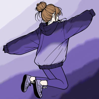 realistic girl jumping with a bun and oversized sweatshirt