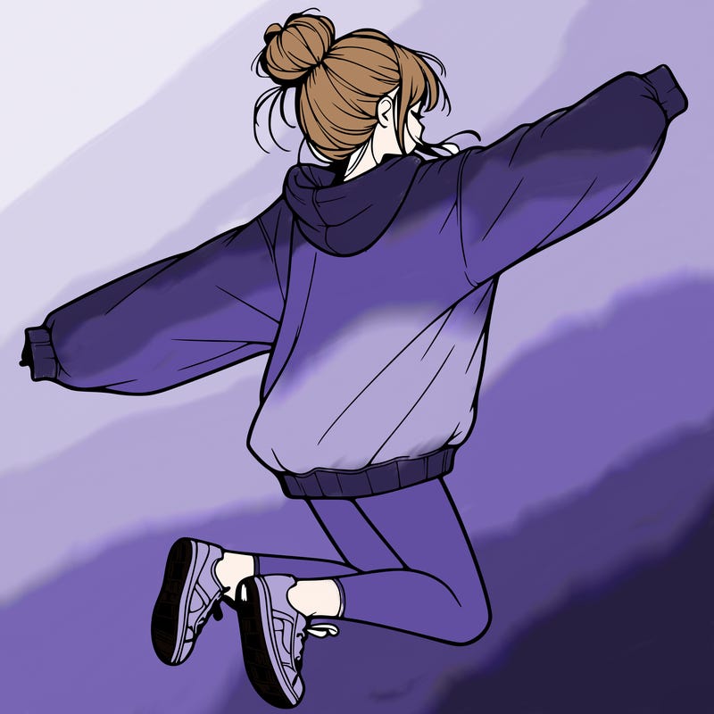 realistic girl jumping with a bun and oversized sweatshirt