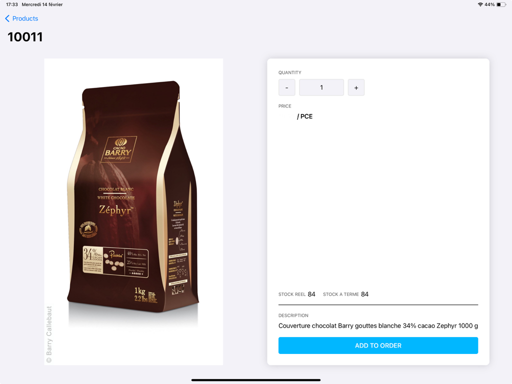 VG Catalogue - Product detail page in the VG Catalogue iPad app showing stock levels and order options for white chocolate
