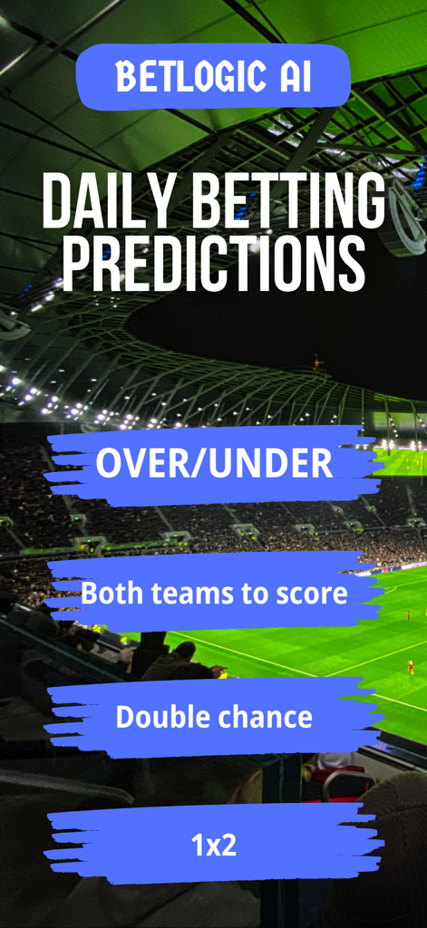 BetLogic AI: Daily predictions - BetLogic AI mobile app screen showing daily soccer betting predictions and market types