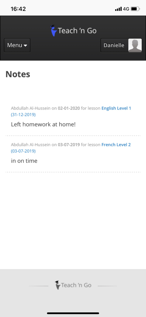 Teach 'n Go - The Teach n Go mobile app interface showing a list of student lesson notes for teachers