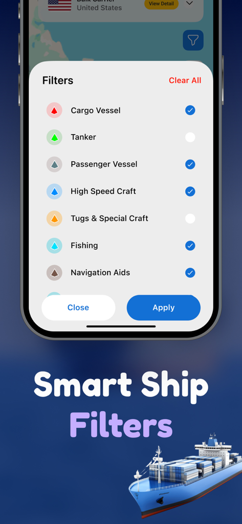 Intelligente Schiffsfilter-Oberfläche in der Vessel Finder App mit Optionen für Fracht-, Tanker- und Passagierschiffe