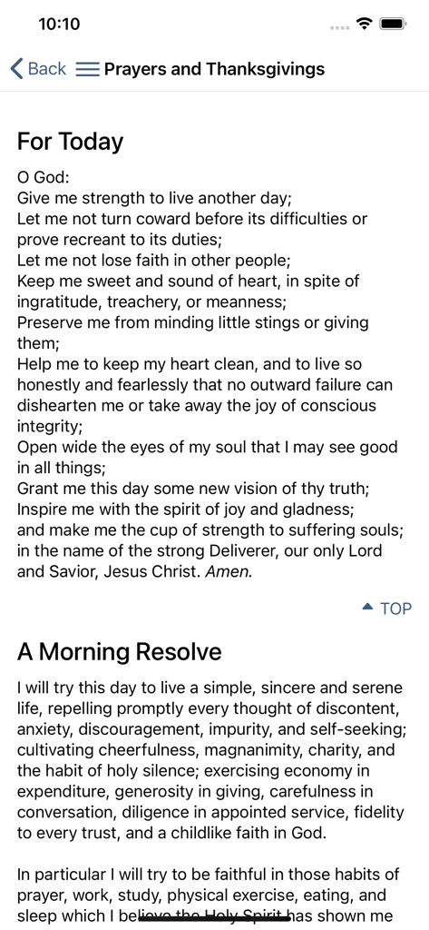 Daily prayers and morning resolve text on the Forward Day by Day mobile app interface