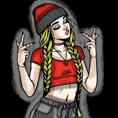 realistic teenage girl with braids and a beanie and crop top doing 🫶🏼