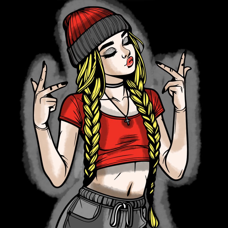 realistic teenage girl with braids and a beanie and crop top doing 🫶🏼