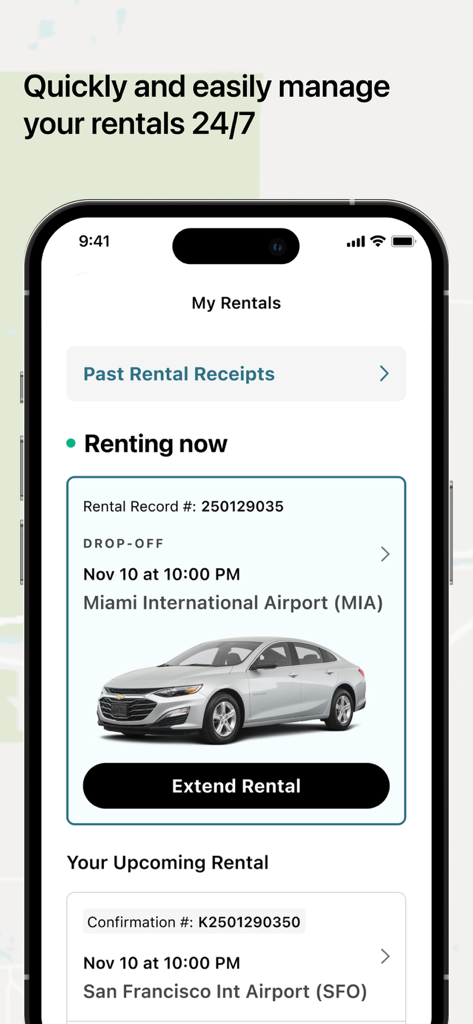 Hertz mobile app interface for managing active and upcoming car rentals