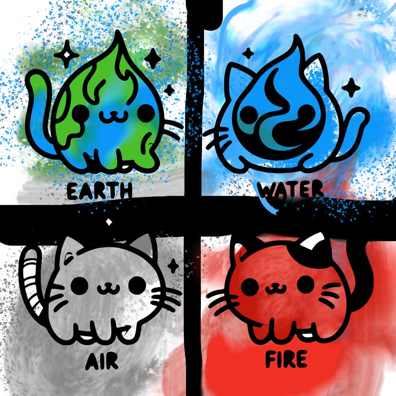 4 cats that represent the different elements, earth, water, air, and fire