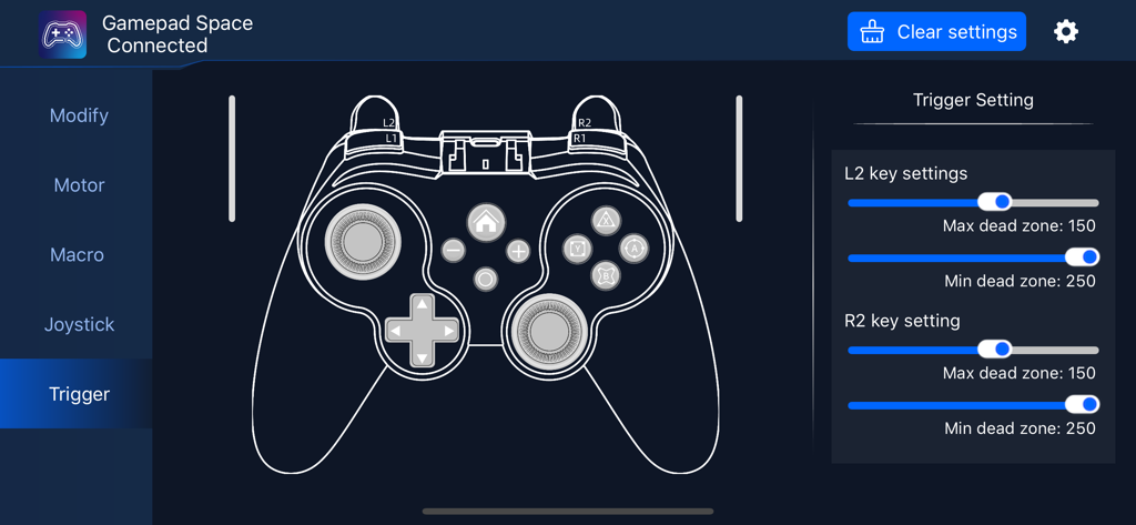 Gamepad Space - Gamepad Space app interface for adjusting L2 and R2 trigger dead zone settings with slider controls.
