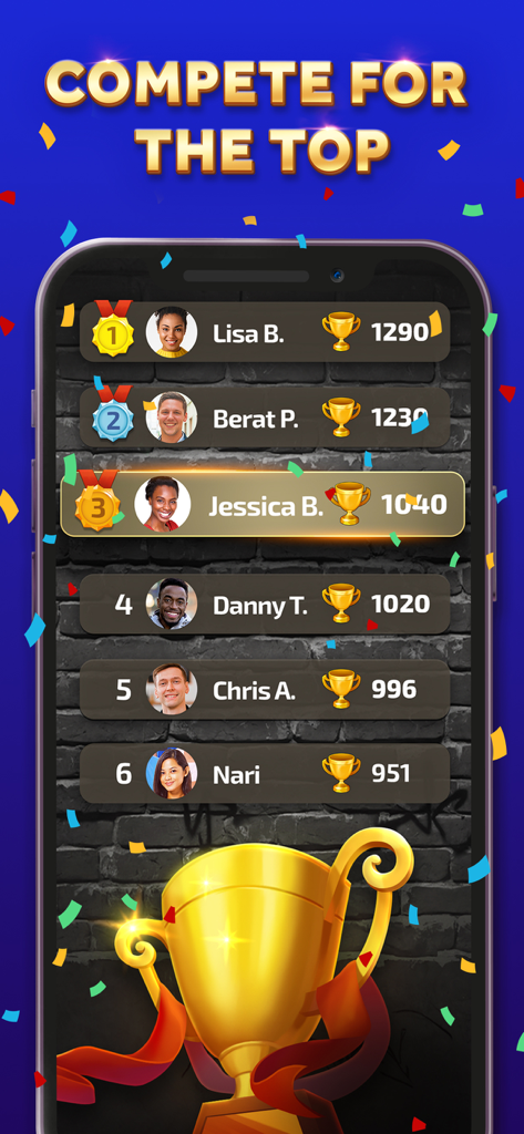 Competitive leaderboard in Spades Online showing top ranked players with medals and trophy points