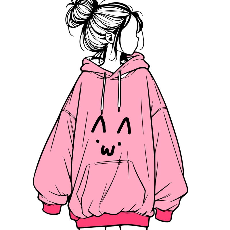 realistic girl with a oversized sweatshirt on and a bun