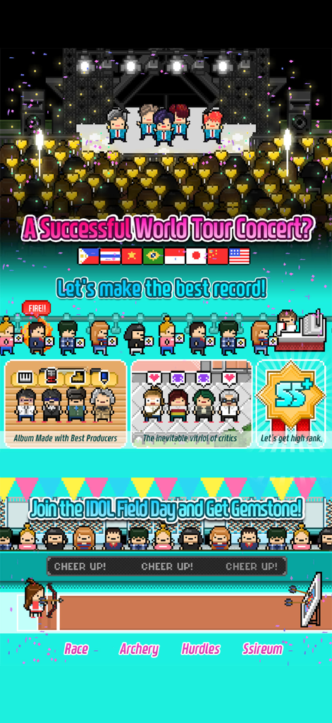 Gameplay of Monthly Idol KPOP IDOL MAKER showing a concert and sports day events