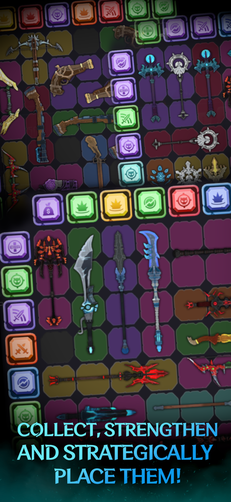 Uma grade de inventário estratégica exibindo várias armas colecionáveis e runas de poder