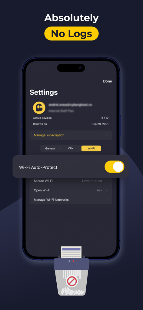 CyberGhost VPN app settings screen showing the Wi-Fi Auto-Protect toggle and a no logs policy message.