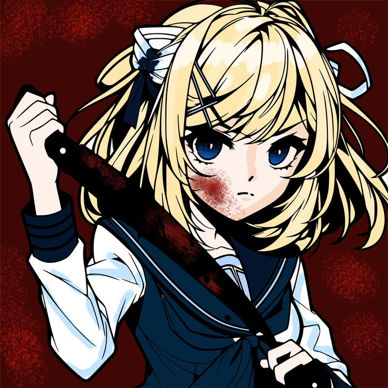 a anime girl holding a knife and the knife has blood on it