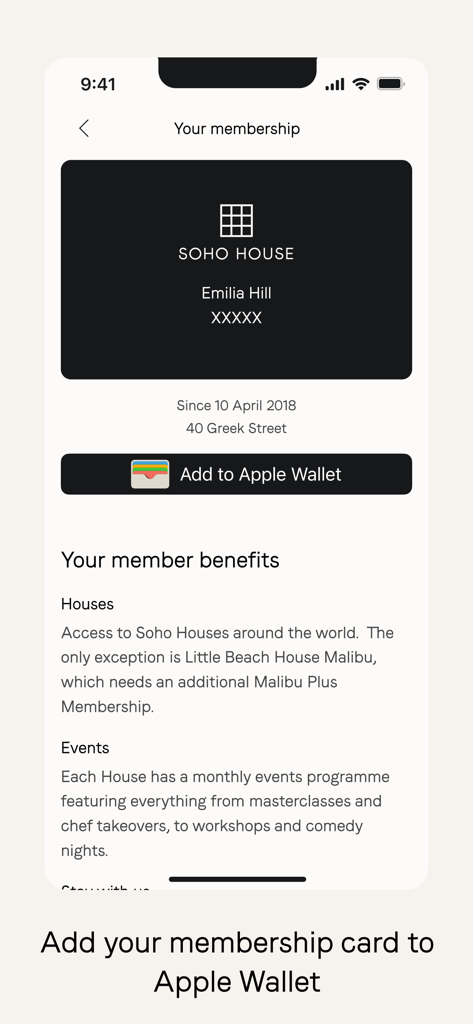 디지털 멤버십 카드와 Apple Wallet에 추가 옵션을 보여주는 소호 하우스 앱 인터페이스.