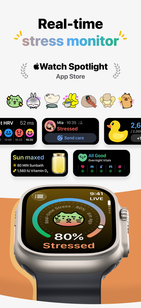 GrowPal app interface showing real-time stress monitoring on an Apple Watch with wellness tracking dashboard cards