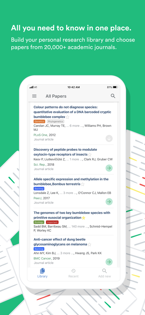 Paperpile - Pantalla móvil de la aplicación Paperpile que muestra una biblioteca de artículos de investigación con etiquetas coloridas