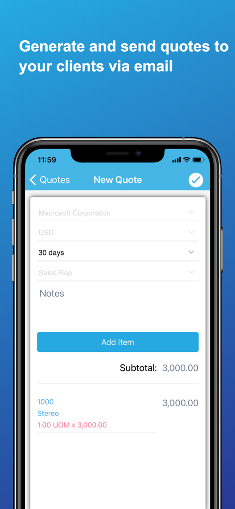 Un smartphone mostrando la interfaz de Nueva Cotización en la aplicación Adm Cloud para generar y enviar presupuestos a clientes.