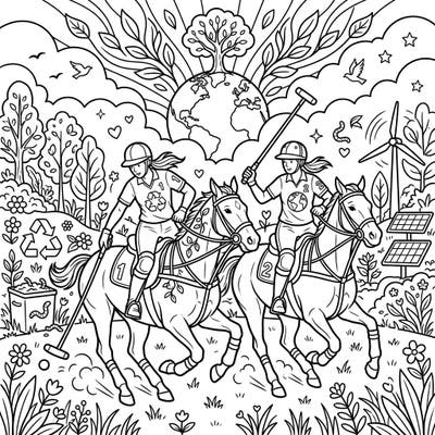 Combine the thrill of polo with the spirit of Earth Day in this engaging coloring page. Celebrate sportsmanship and environmental awareness with two dynamic riders and a lush, eco-conscious landscape.