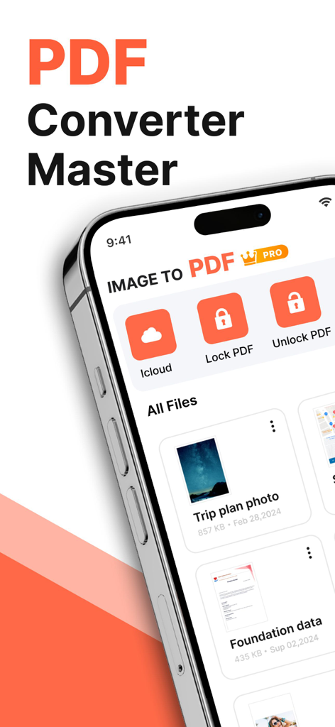 iPhone che mostra l'interfaccia dell'app Image to PDF Converter con opzioni di blocco file e archiviazione cloud