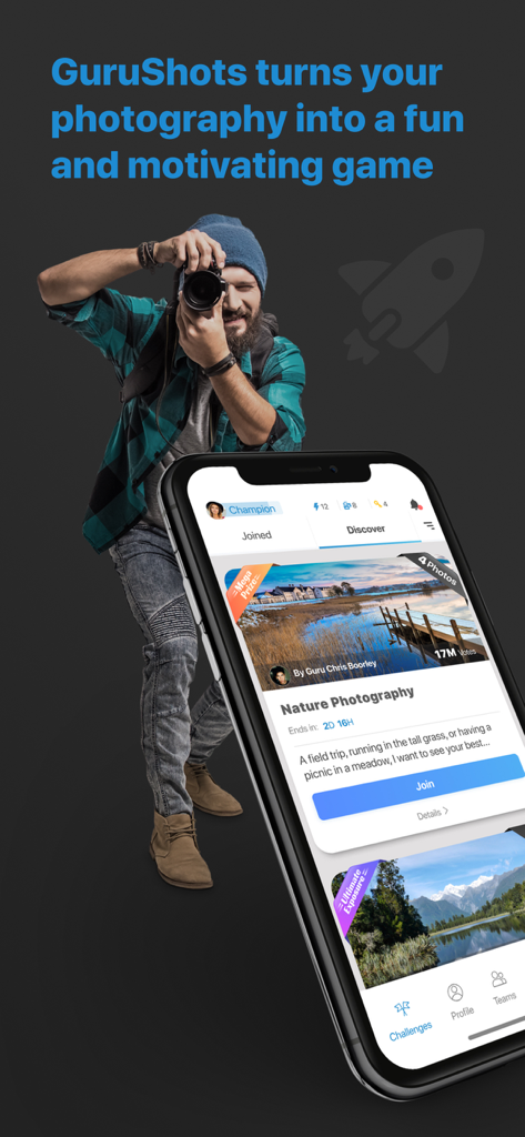 GuruShots: Photography Game - GuruShots app interface featuring a nature photography contest and a photographer with a DSLR camera.