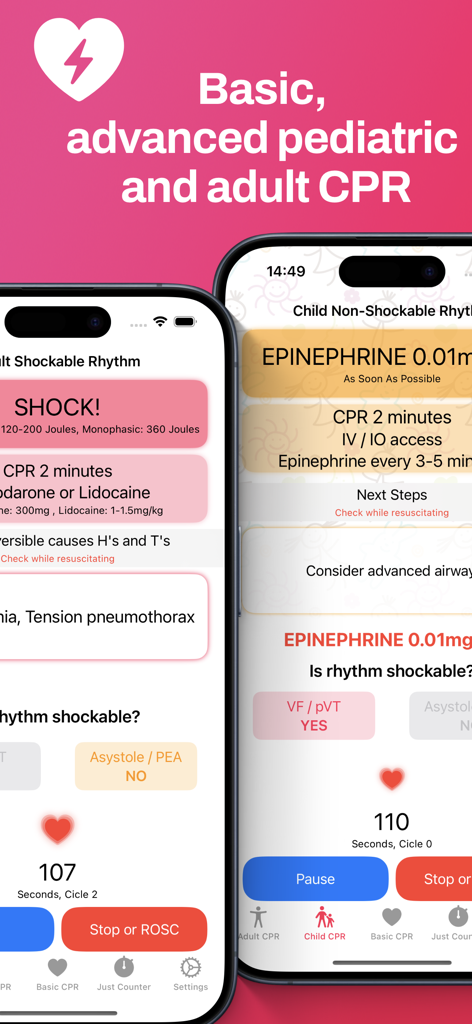 CPR Life Support:  Life Saver - CPR Life Support app interface showing adult and pediatric emergency resuscitation steps and timers