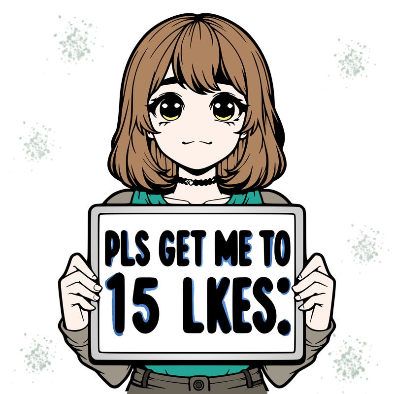 realistic girl holding up a sign that says “pls get me to 15 likes!”