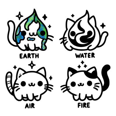 4 cats that represent the different elements, earth, water, air, and fire