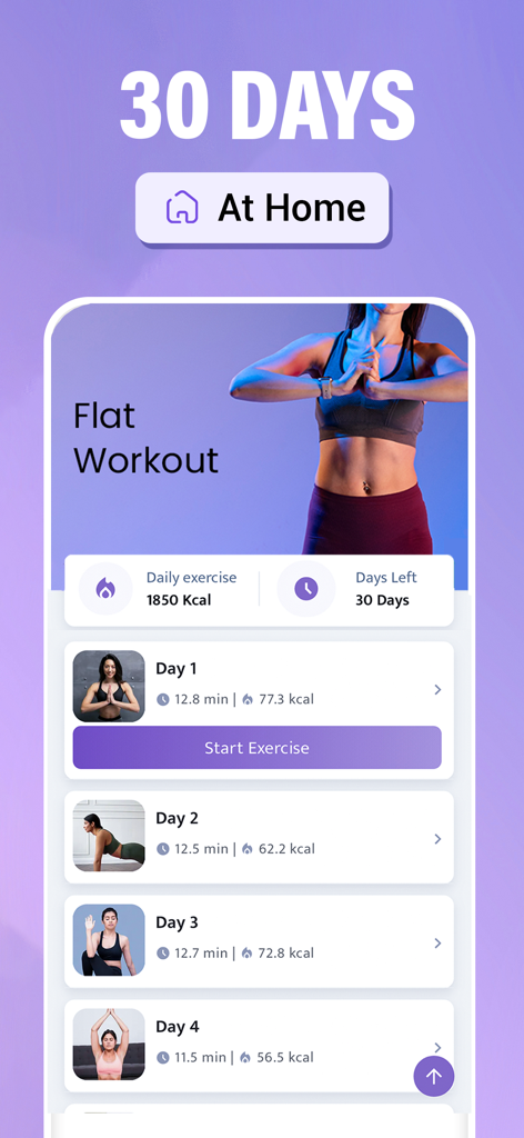 Flat Stomach Workout - 30 Days - Captura de pantalla de la interfaz de la aplicación Rutina de Abdomen Plano que muestra un plan de ejercicios en casa de treinta días con rutinas diarias y seguimiento de calorías.