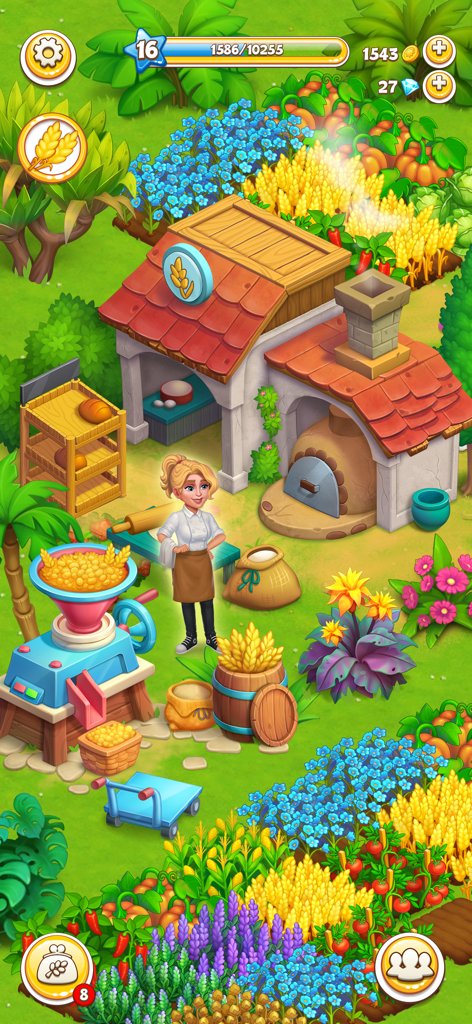 Family Farm - Farming Game - A vibrant gameplay screenshot from Family Farm showing a baker character standing next to a bakery and grain mill surrounded by colorful crops and flowers.