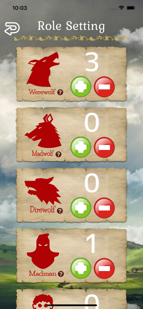 Werewolf -In a Cloudy Village- - Role setting menu for the Werewolf game app showing counts for Werewolf and Madman characters.